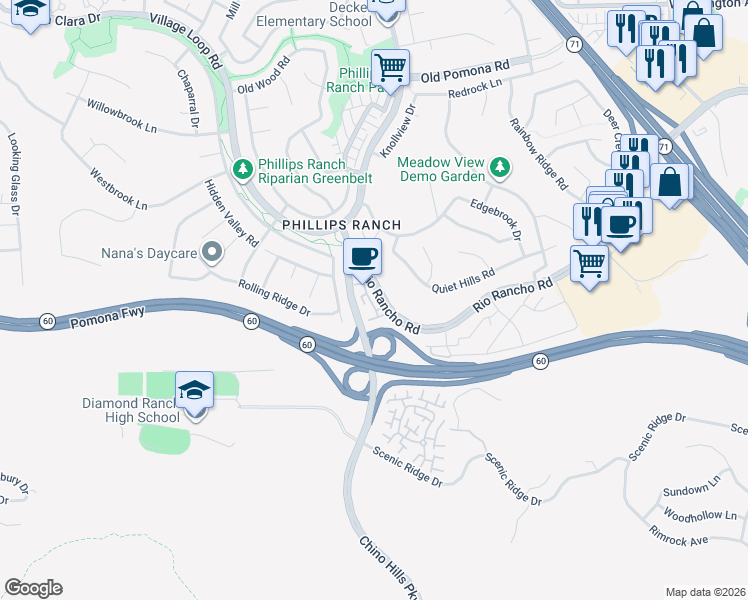 map of restaurants, bars, coffee shops, grocery stores, and more near 88 Phillips Ranch Road in Pomona