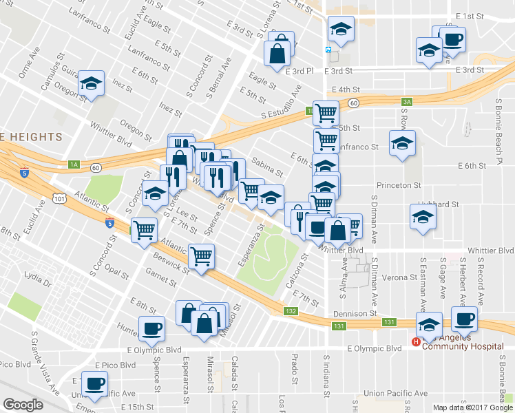 map of restaurants, bars, coffee shops, grocery stores, and more near 3552 Whittier Boulevard in Los Angeles