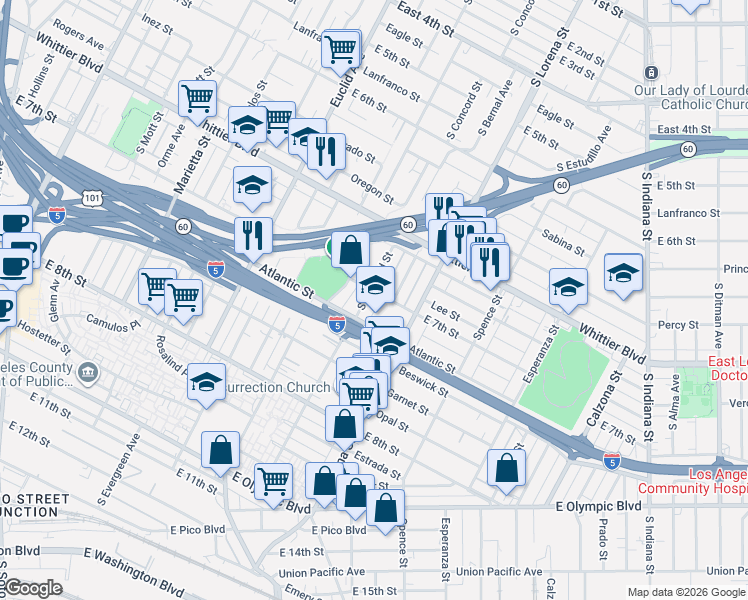 map of restaurants, bars, coffee shops, grocery stores, and more near 1018 South Concord Street in Los Angeles