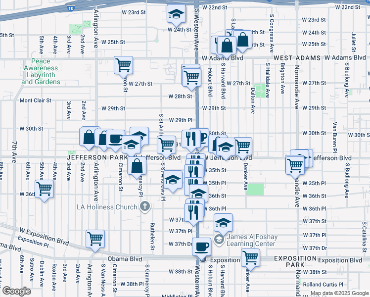 map of restaurants, bars, coffee shops, grocery stores, and more near 3115 South Western Avenue in Los Angeles