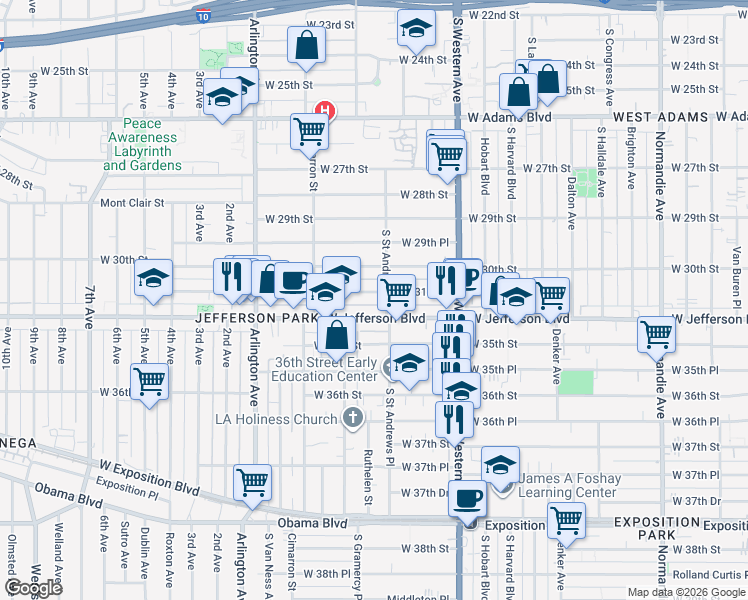 map of restaurants, bars, coffee shops, grocery stores, and more near 1901 West Jefferson Boulevard in Los Angeles