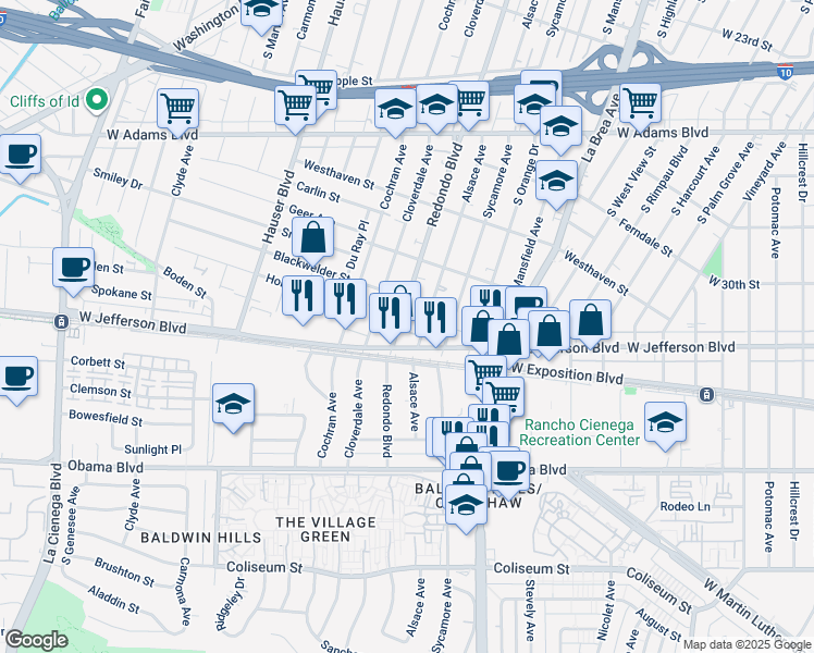 map of restaurants, bars, coffee shops, grocery stores, and more near 2933 South Redondo Boulevard in Los Angeles