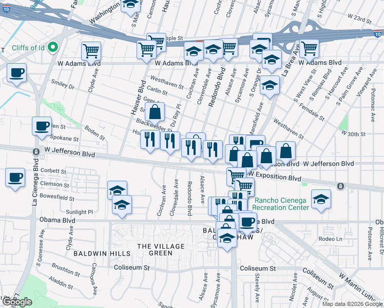 map of restaurants, bars, coffee shops, grocery stores, and more near 2933 South Redondo Boulevard in Los Angeles