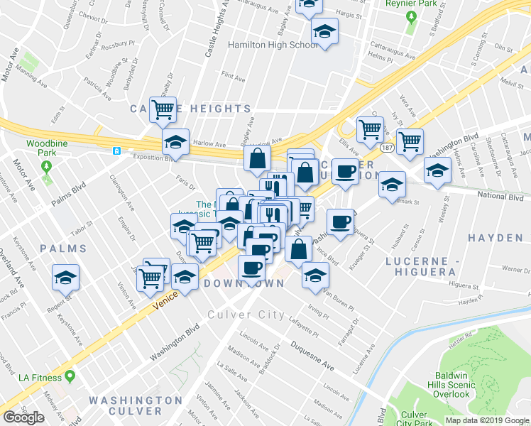 map of restaurants, bars, coffee shops, grocery stores, and more near 9325 Venice Boulevard in Culver City