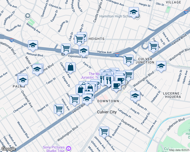 map of restaurants, bars, coffee shops, grocery stores, and more near 9732 Regent Street in Los Angeles