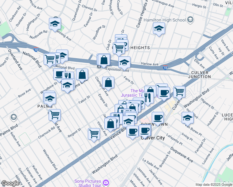 map of restaurants, bars, coffee shops, grocery stores, and more near 3642 Clarington Avenue in Los Angeles