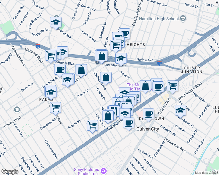 map of restaurants, bars, coffee shops, grocery stores, and more near 3642 Clarington Avenue in Los Angeles