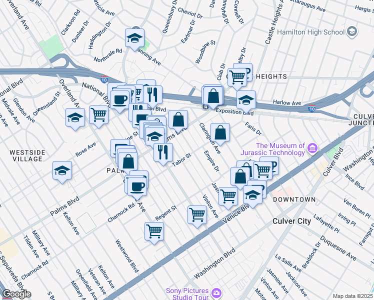 map of restaurants, bars, coffee shops, grocery stores, and more near 10203 Tabor Street in Los Angeles
