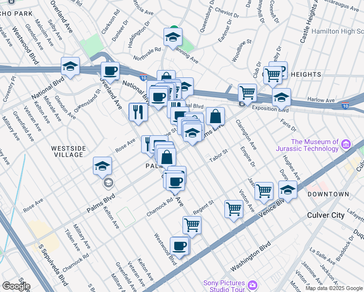 map of restaurants, bars, coffee shops, grocery stores, and more near 10509 Palms Boulevard in Los Angeles