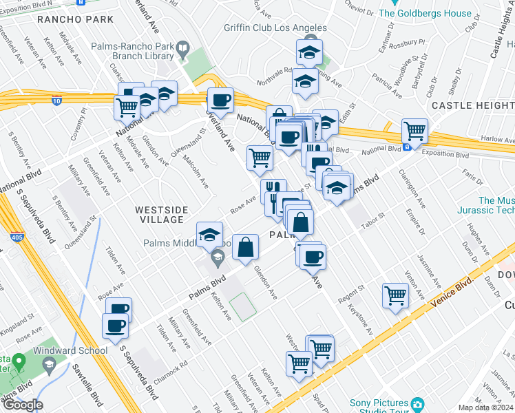 map of restaurants, bars, coffee shops, grocery stores, and more near 3385 Overland Avenue in Los Angeles