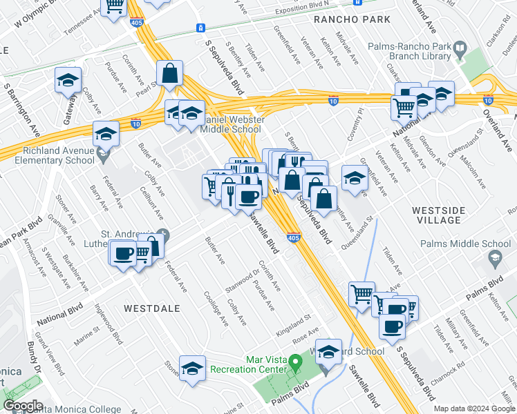 map of restaurants, bars, coffee shops, grocery stores, and more near in Los Angeles