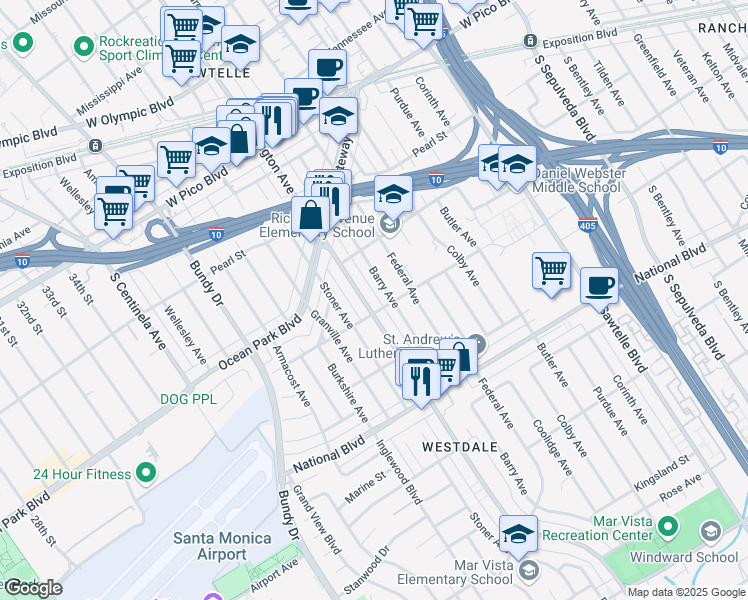 map of restaurants, bars, coffee shops, grocery stores, and more near 2671 South Barrington Avenue in Los Angeles