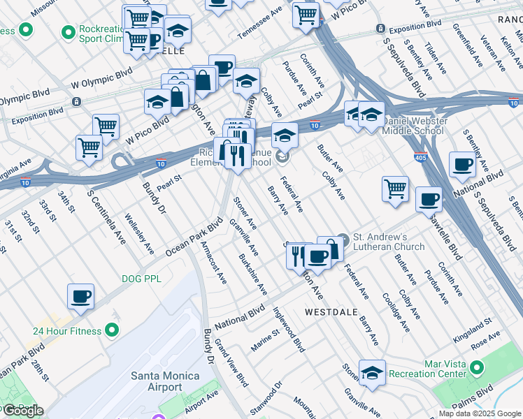 map of restaurants, bars, coffee shops, grocery stores, and more near 2671 South Barrington Avenue in Los Angeles