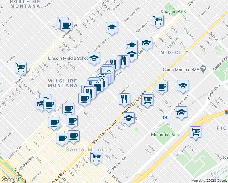 map of restaurants, bars, coffee shops, grocery stores, and more near 1234 14th Street in Santa Monica