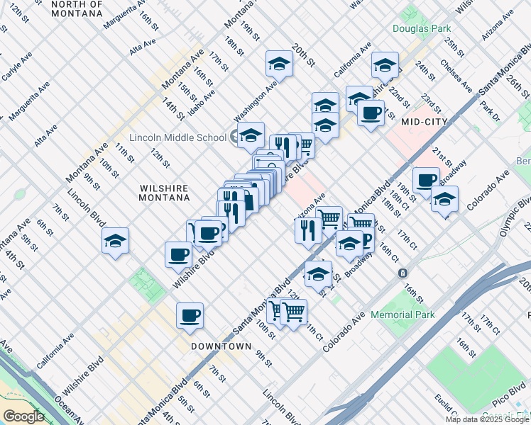 map of restaurants, bars, coffee shops, grocery stores, and more near 1234 14th Street in Santa Monica