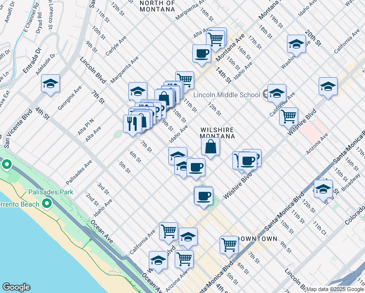 map of restaurants, bars, coffee shops, grocery stores, and more near 917 Lincoln Boulevard in Santa Monica