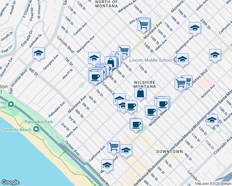 map of restaurants, bars, coffee shops, grocery stores, and more near 917 Lincoln Boulevard in Santa Monica