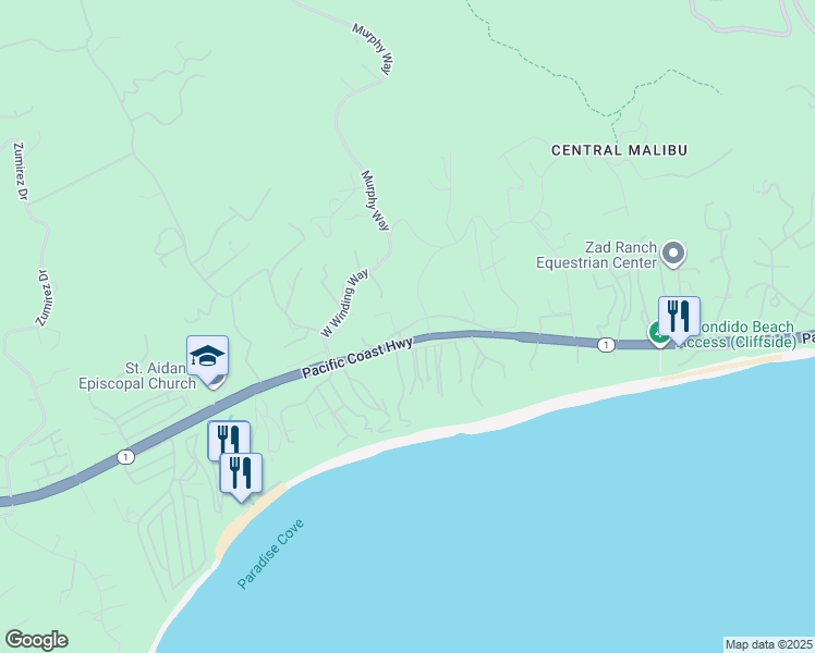 map of restaurants, bars, coffee shops, grocery stores, and more near in Malibu