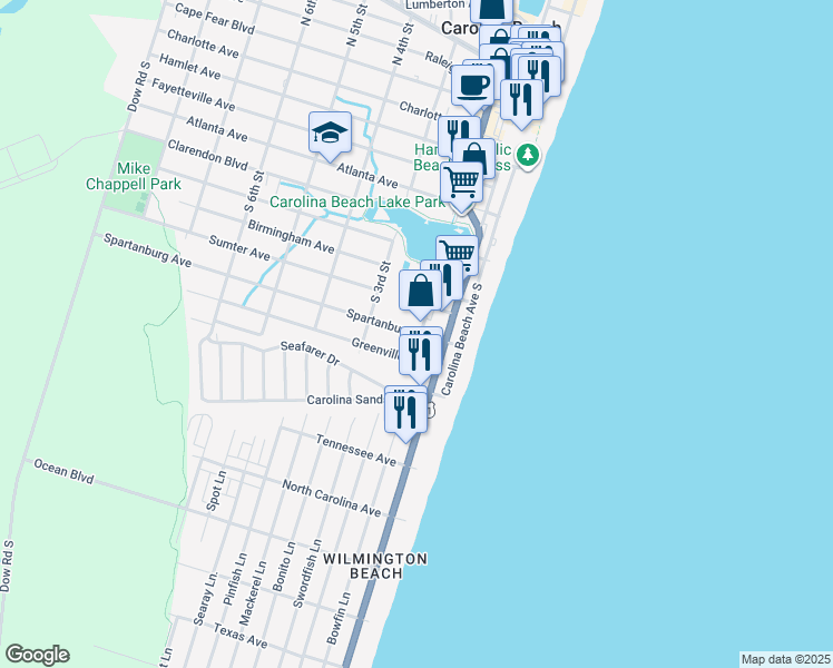 map of restaurants, bars, coffee shops, grocery stores, and more near 105 Spartanburg Avenue in Carolina Beach