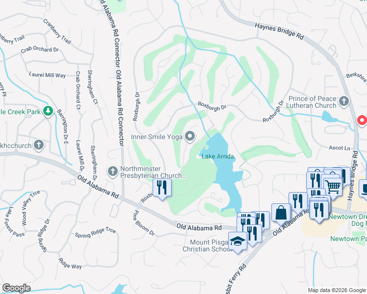 map of restaurants, bars, coffee shops, grocery stores, and more near 10130 Kinross Road in Roswell