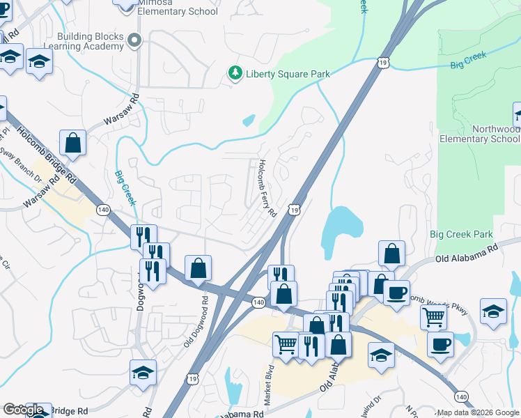 map of restaurants, bars, coffee shops, grocery stores, and more near 109 Old Ferry Way in Roswell