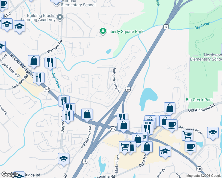 map of restaurants, bars, coffee shops, grocery stores, and more near 230 Mill Creek Place in Roswell