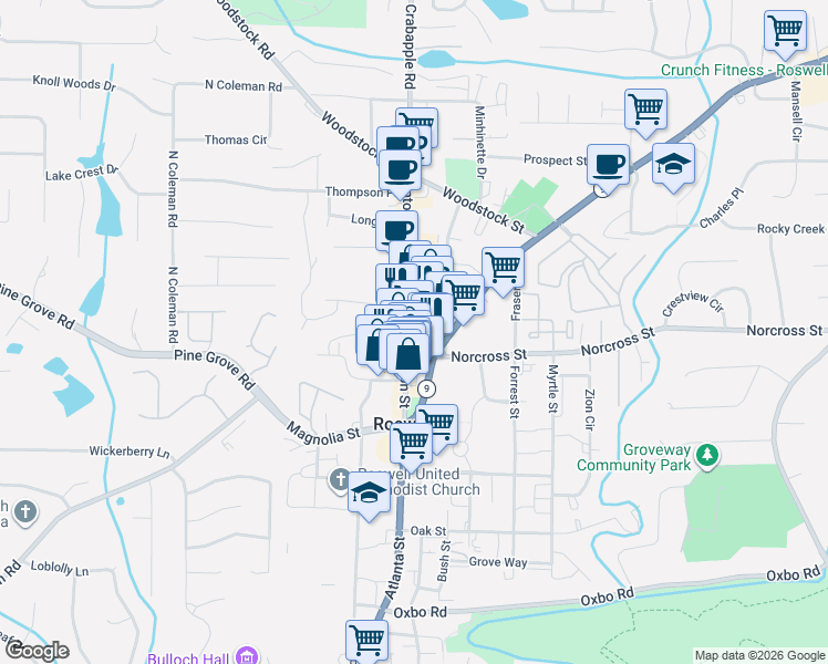 map of restaurants, bars, coffee shops, grocery stores, and more near 1002 Canton Street in Roswell