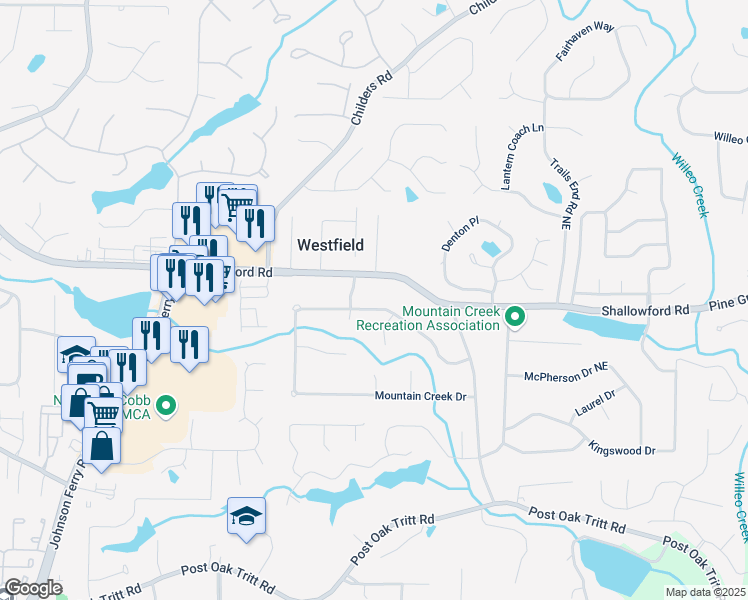 map of restaurants, bars, coffee shops, grocery stores, and more near 4536 Mountain Creek Drive in Roswell