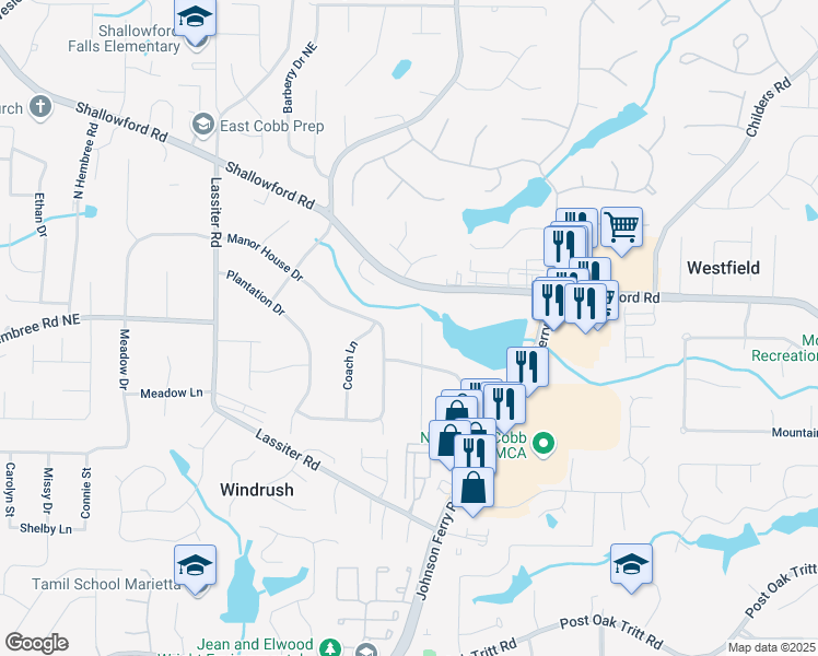 map of restaurants, bars, coffee shops, grocery stores, and more near 3120 Waterfront Circle in Marietta