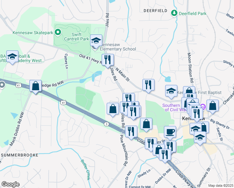 map of restaurants, bars, coffee shops, grocery stores, and more near 2764 Saint Charles Lane Northwest in Kennesaw
