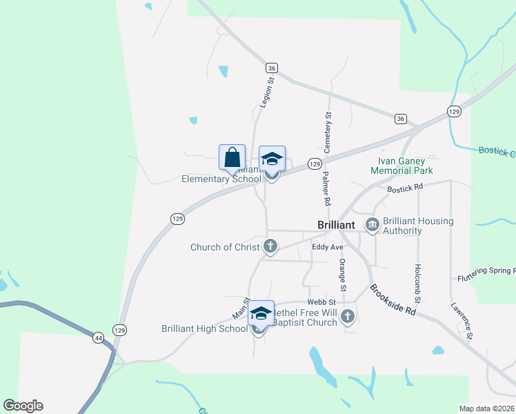 map of restaurants, bars, coffee shops, grocery stores, and more near Legion Street in Brilliant