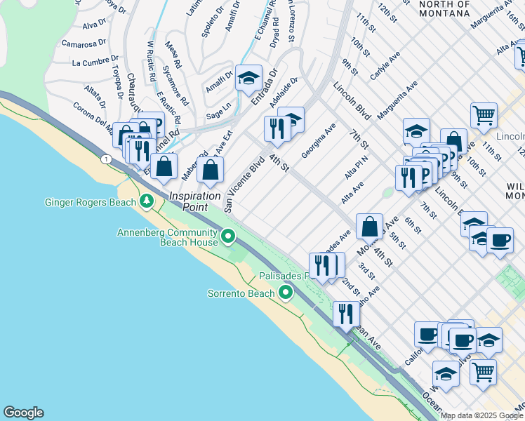 map of restaurants, bars, coffee shops, grocery stores, and more near 136 Georgina Avenue in Santa Monica