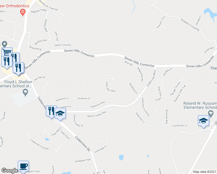 map of restaurants, bars, coffee shops, grocery stores, and more near 85 Ellen Glen Way in Dallas