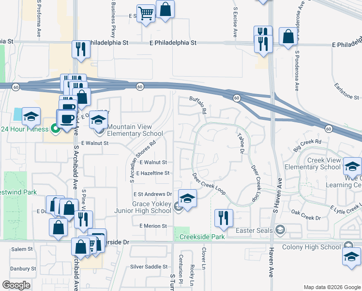 map of restaurants, bars, coffee shops, grocery stores, and more near 3101 Antelope Way in Ontario