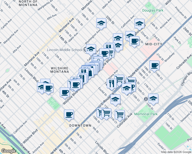 map of restaurants, bars, coffee shops, grocery stores, and more near 1214 14th Street in Santa Monica