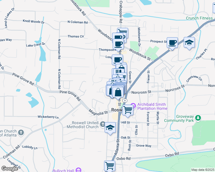 map of restaurants, bars, coffee shops, grocery stores, and more near 925 Camp Avenue in Roswell