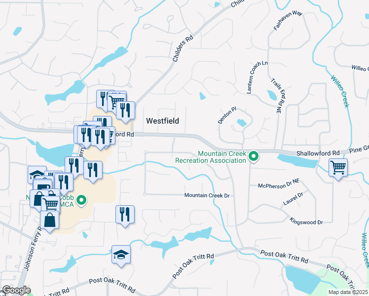 map of restaurants, bars, coffee shops, grocery stores, and more near 4548 Mountain Creek Drive in Roswell
