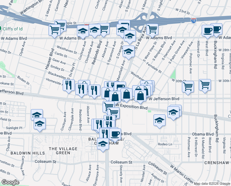 map of restaurants, bars, coffee shops, grocery stores, and more near 3040 South La Brea Avenue in Los Angeles