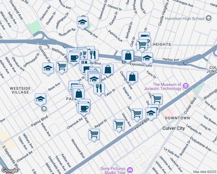 map of restaurants, bars, coffee shops, grocery stores, and more near 3520 Motor Avenue in Los Angeles