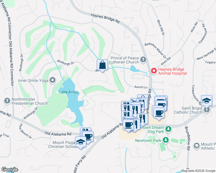 map of restaurants, bars, coffee shops, grocery stores, and more near 2830 Laurel Green Court in Roswell