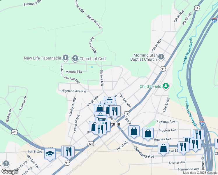 map of restaurants, bars, coffee shops, grocery stores, and more near 612 Highland Avenue Northwest in Attalla