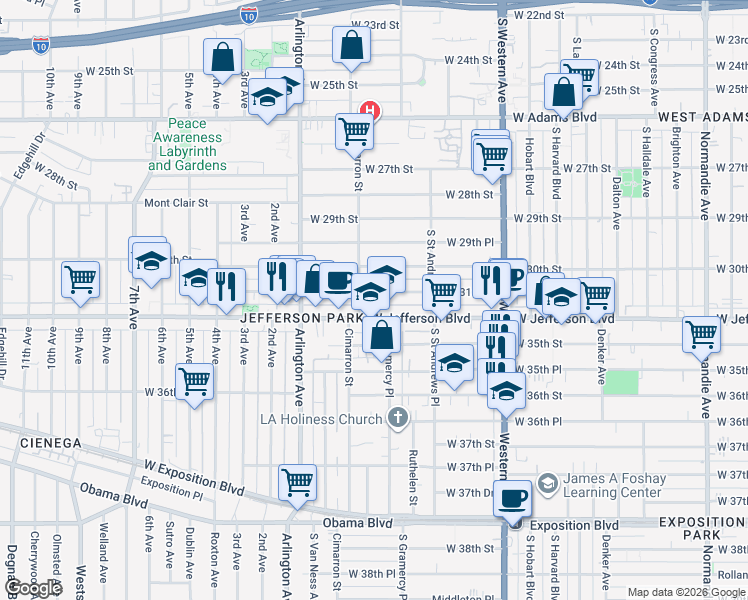 map of restaurants, bars, coffee shops, grocery stores, and more near 2180 West 31st Street in Los Angeles