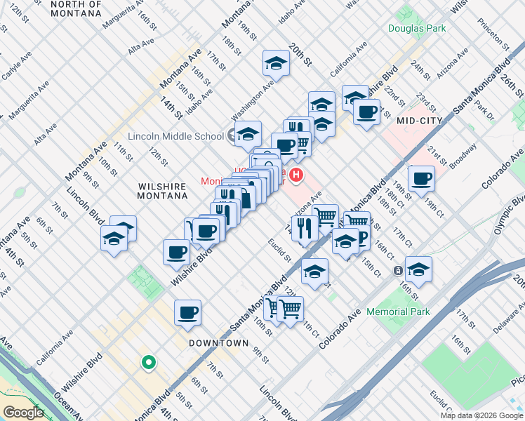 map of restaurants, bars, coffee shops, grocery stores, and more near 1214 14th Street in Santa Monica