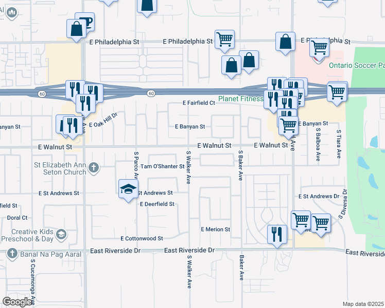 map of restaurants, bars, coffee shops, grocery stores, and more near 2619 South Walker Avenue in Ontario