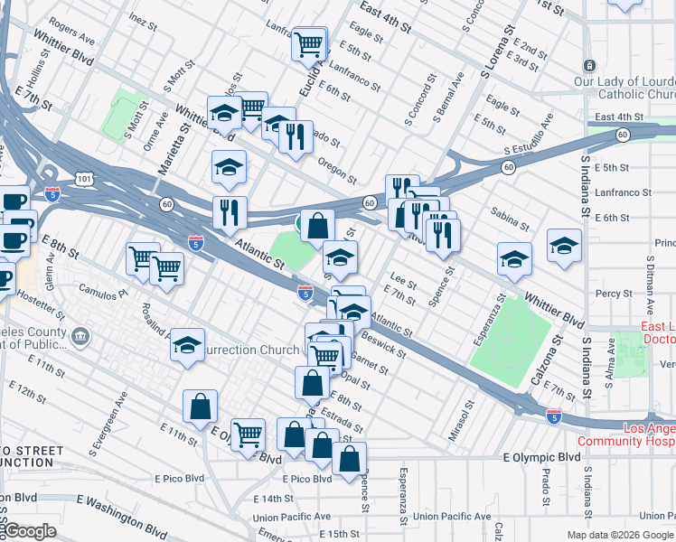 map of restaurants, bars, coffee shops, grocery stores, and more near 1006 South Concord Street in Los Angeles