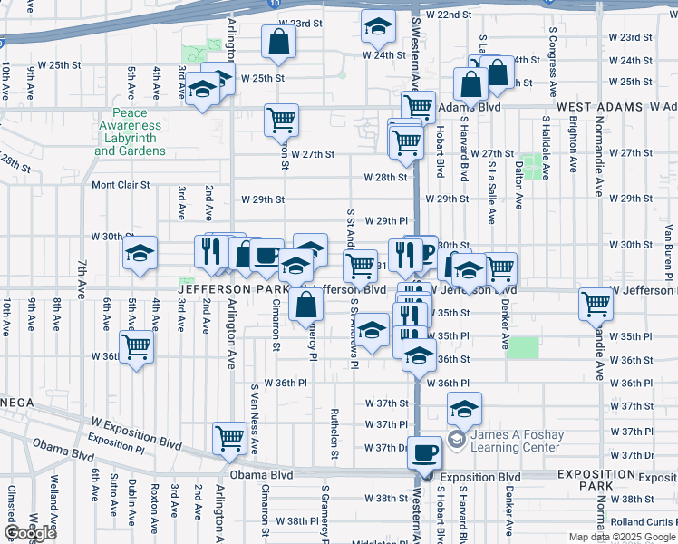 map of restaurants, bars, coffee shops, grocery stores, and more near 1901 West Jefferson Boulevard in Los Angeles