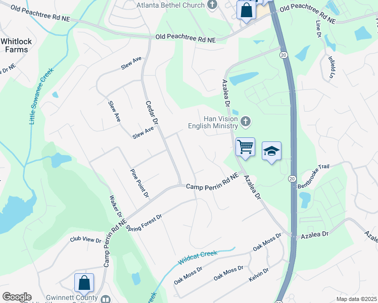 map of restaurants, bars, coffee shops, grocery stores, and more near 2182 Perrin Drive in Lawrenceville