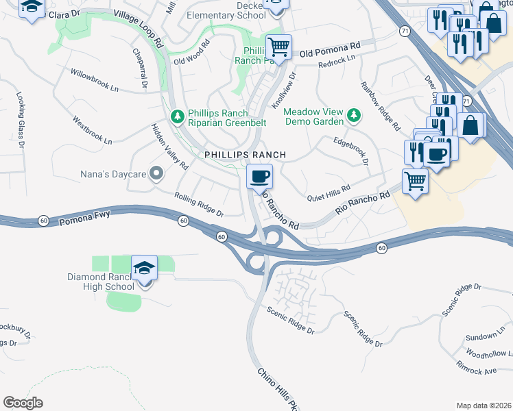 map of restaurants, bars, coffee shops, grocery stores, and more near 15 Brookline Way in Pomona