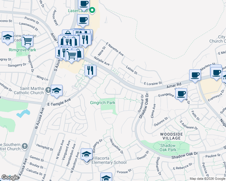 map of restaurants, bars, coffee shops, grocery stores, and more near 2707 Dawn Ridge Place in West Covina