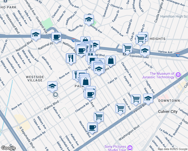 map of restaurants, bars, coffee shops, grocery stores, and more near 3462 Mentone Avenue in Los Angeles
